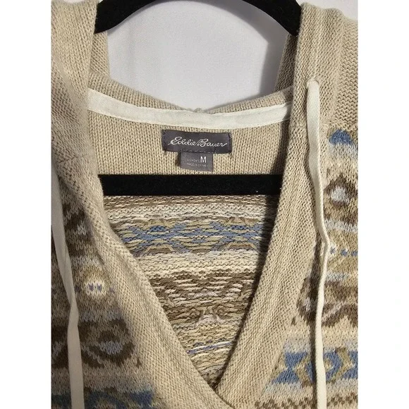 Eddie Bauer Women's Medium Fair Isle Knit Hoodie Sweater Beige Blue Size M - Picture 3 of 6